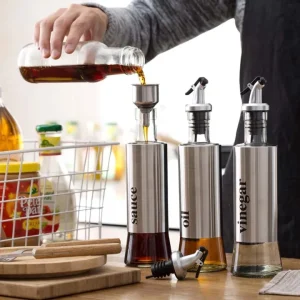 Glass Oil Control Pot Stainless Steel Leak-proof Can Liquid Container Kitchen Tools Soya Sauce Vinegar Storage 